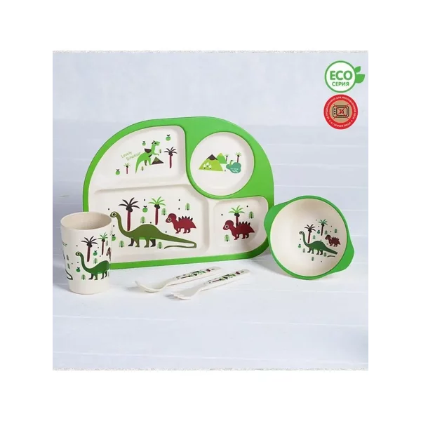 Набор детской посуды из бамбука Динозаврики