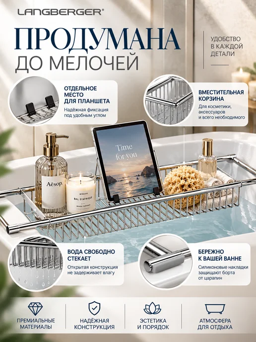 LANGBERGER Полка-поднос на ванну раздвижная хромированная, серый, фото 4