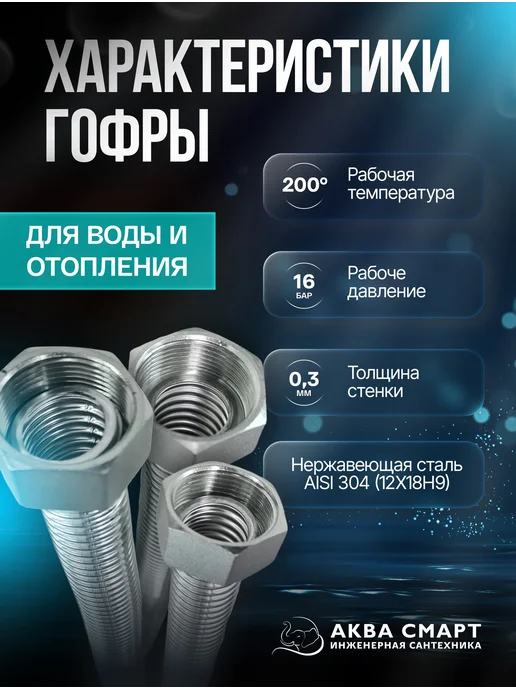 Аква Смарт Гибкая подводка для воды 1 2 15 см металлическая, серый, фото 2
