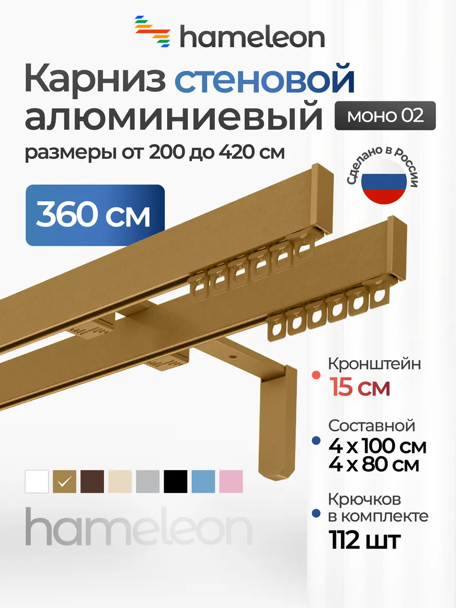Карниз для штор 360см настенный двухрядный из алюминия