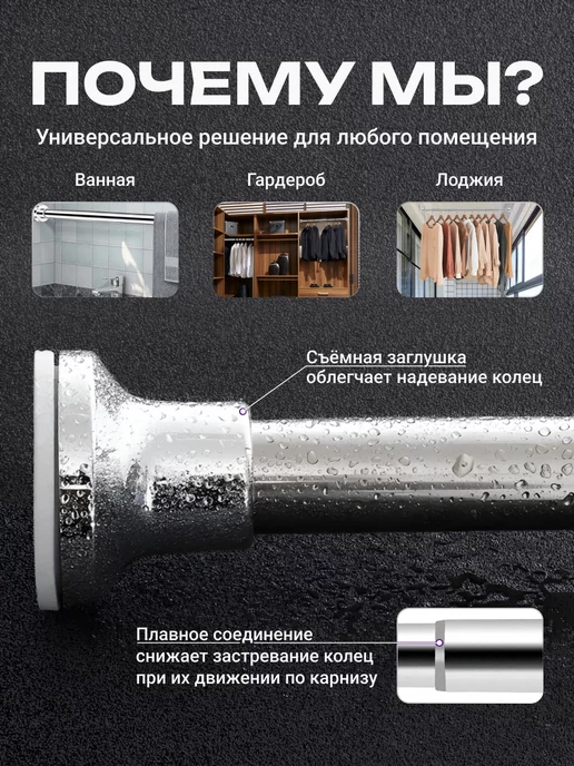 LyubaAshoppe Карниз для ванной телескопический сборный 98-290 см, серый, фото 5