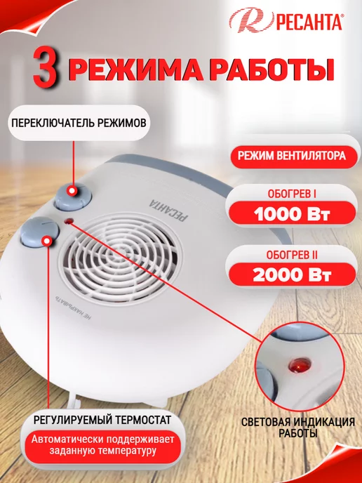 РЕСАНТА Тепловентилятор для дома электрический ТВС-3, голубой, фото 2