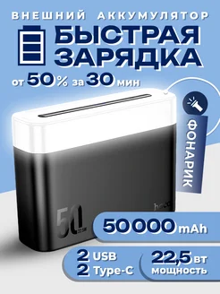 Быстрая зарядка PD+QC. Повербанк аккумулятор 50000mAh