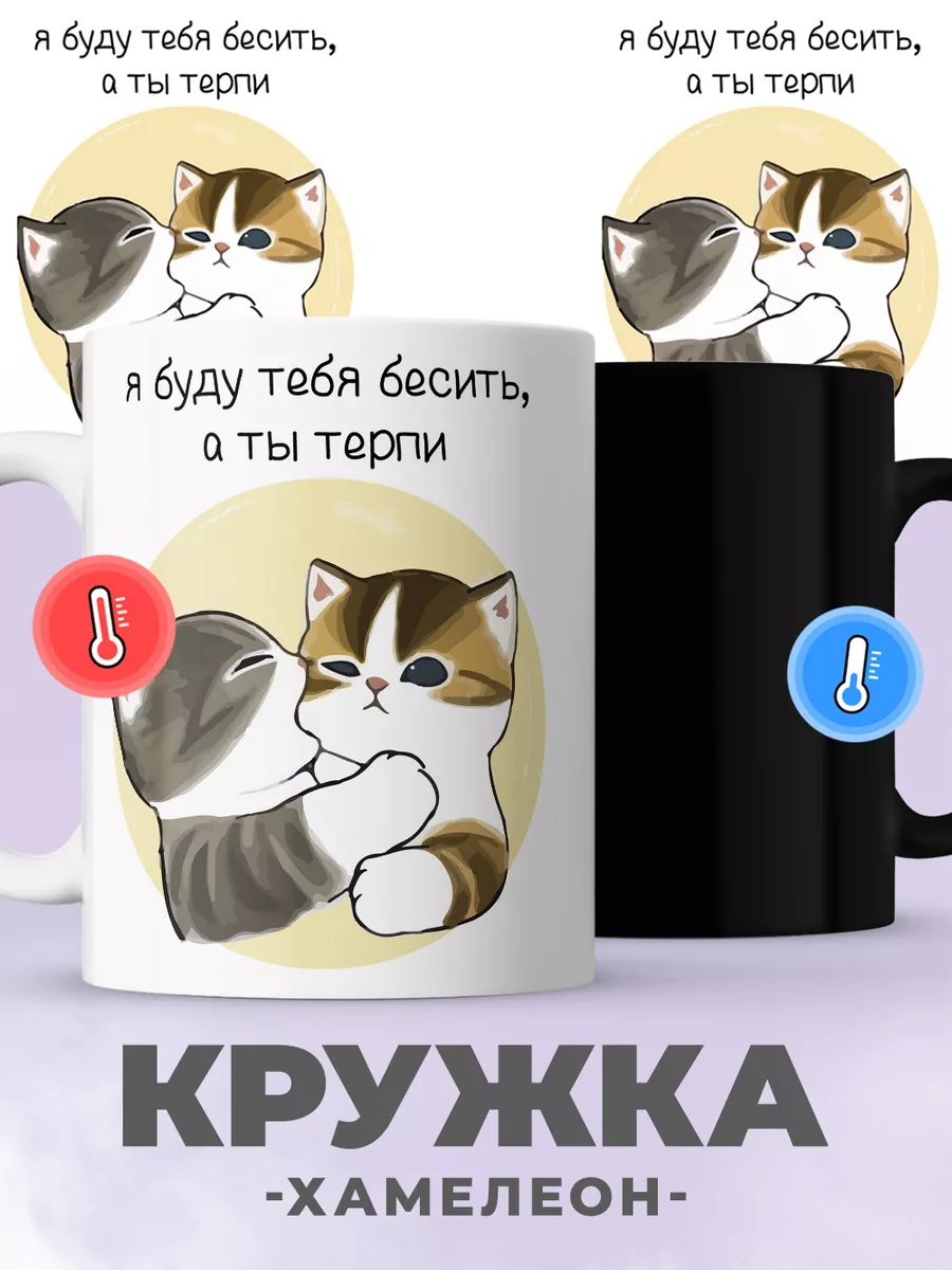 Большая кружка хамелеон с прикольным принтом коты подарок