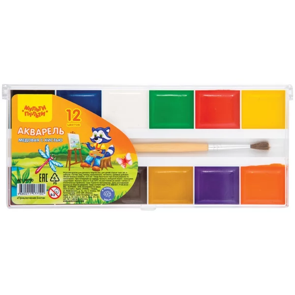 Акварель 12 цветов Приключения Енота, медовая, с кистью