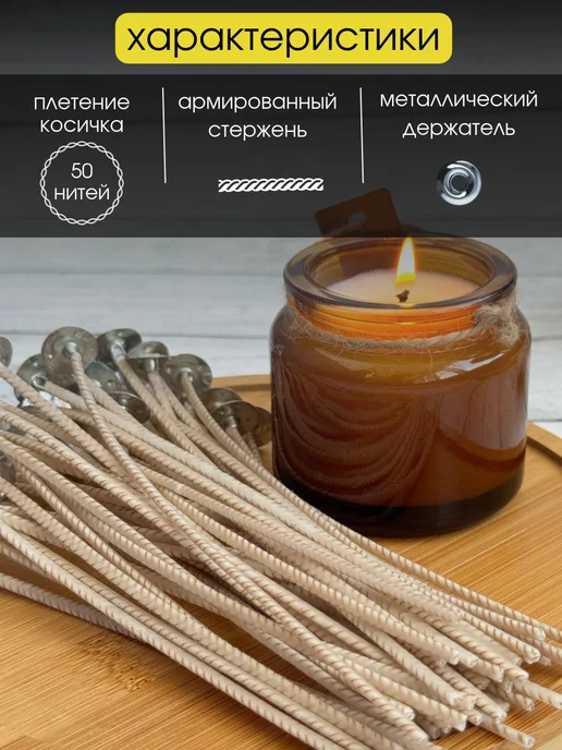LES Candles Фитиль для свечей хлопковый вощёный 50 нитей 50 штук, вариант, фото 2