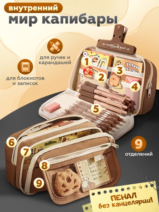 Magicbox Пенал школьный Капибара с подарками, коричневый, фото 2
