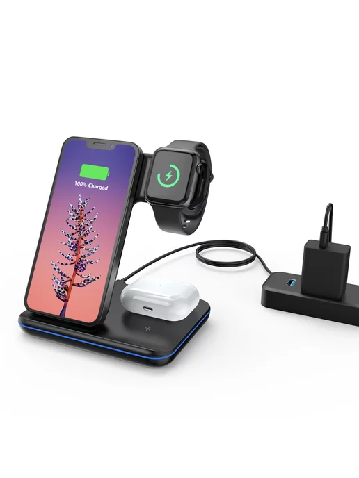 minthouz 3-in-1 Wireless 15W Fast Charge Station with Adapter, 15 Вт