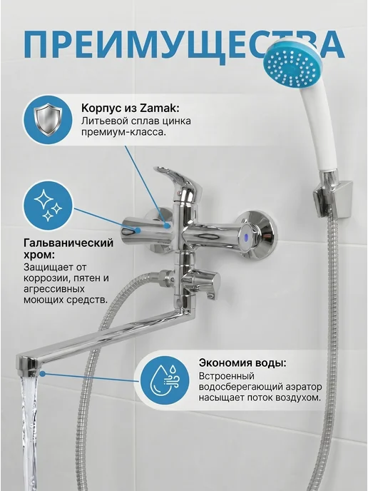 ECONOCE Смеситель для ванны с душем с длинным изливом поворотный, серый, фото 2