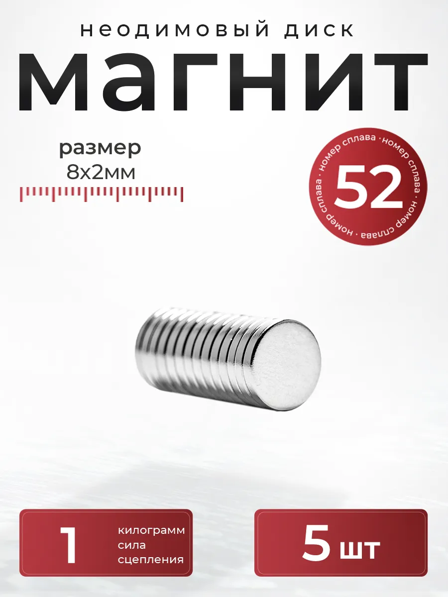 Неодимовый магнит диск 8х2мм 5 штук N52