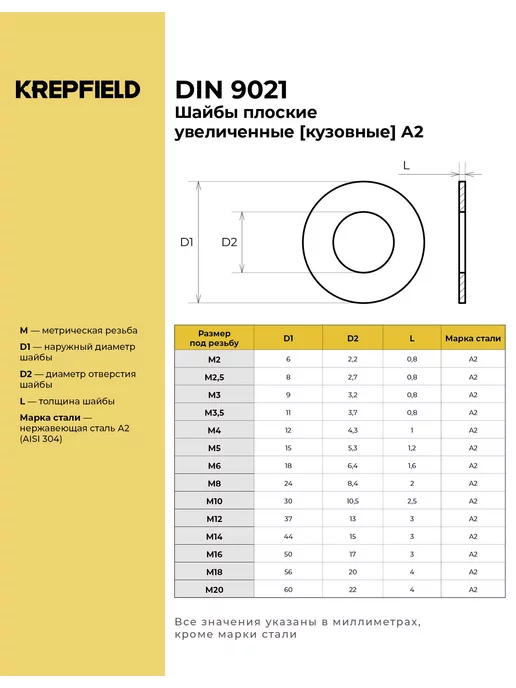 KREPFIELD Шайба Нержавеющая М6 DIN 9021 А2 кузовная увеличенная 50 шт, 100 шт, фото 2