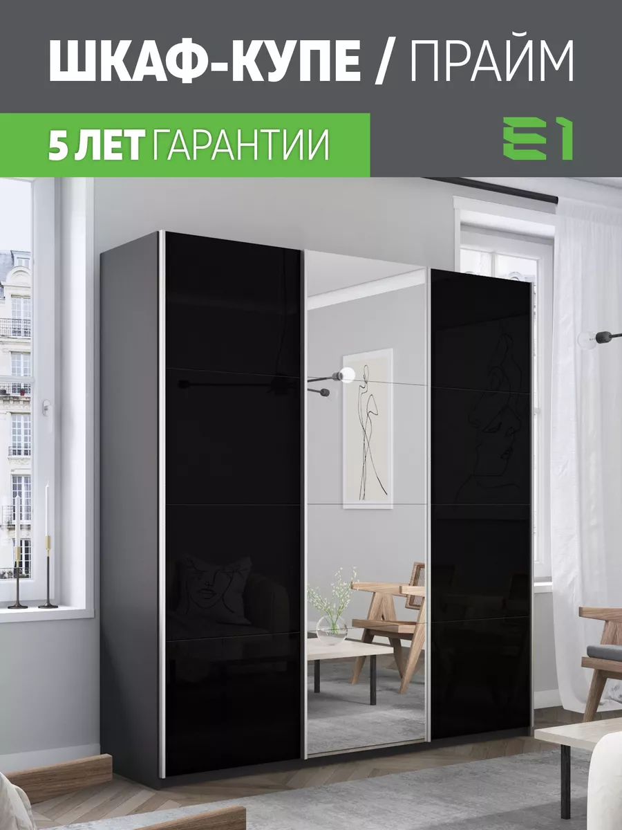 Шкаф-купе Прайм 3дв Ст черные/Зеркало/Доводчики 210х57х230