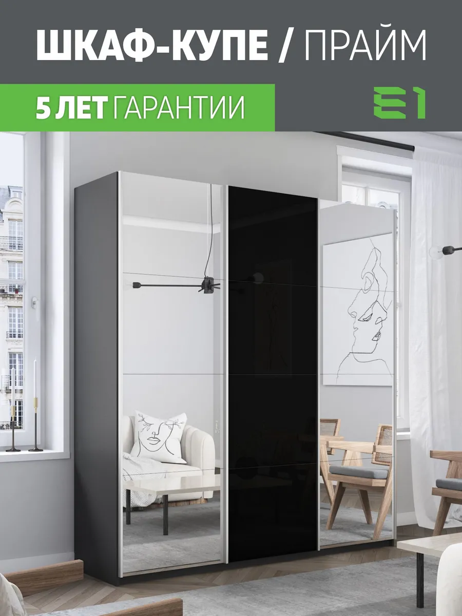 Шкаф-купе Прайм 3дв Зеркала/Ст черное/Доводчики 210х57х230