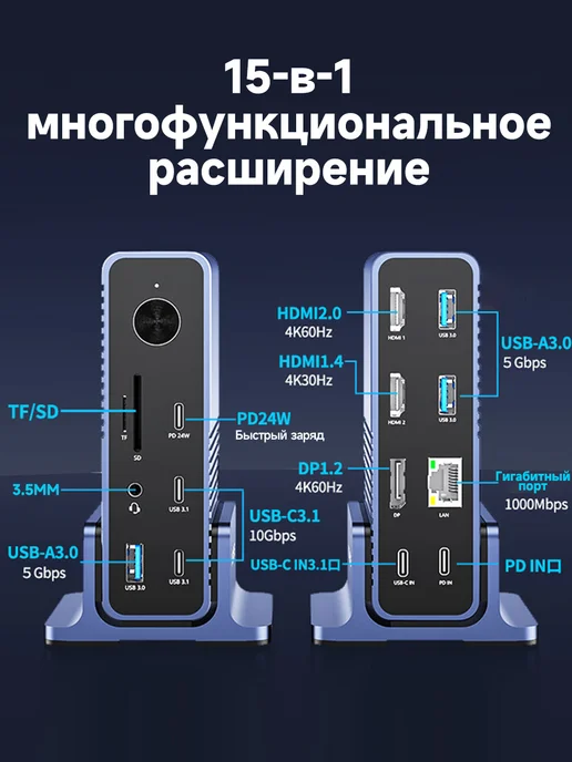 ACASIS Док-станция 15-в-1 Type-C DP, 4K60Hz Quad,10Gbps, синий, фото 2