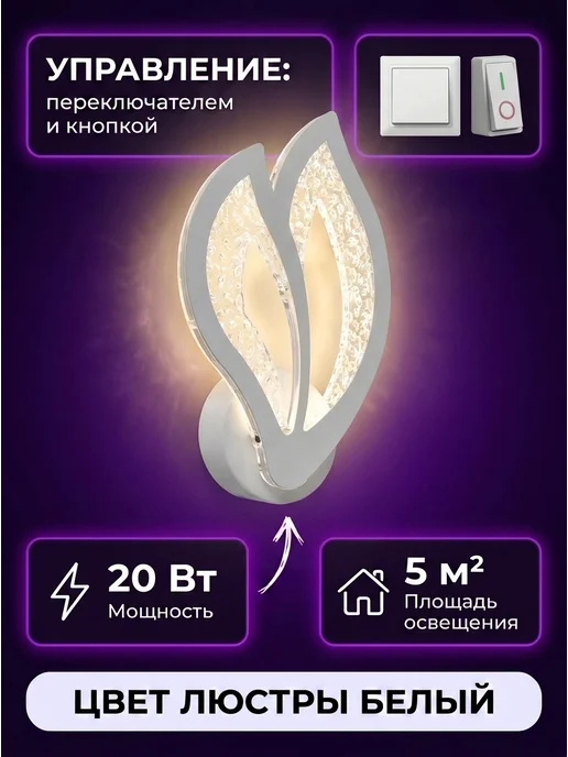 LEDCITY Светильник настенный светодиодный бра с кнопкой, белый, фото 2