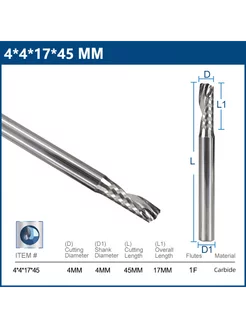 Фреза концевая спиральная однозаходная 4х17х45 мм