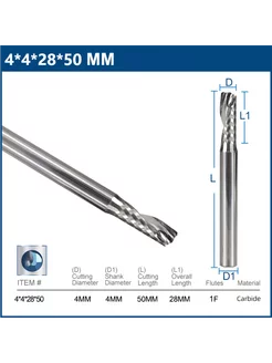Фреза концевая спиральная однозаходная 4х28х50 мм