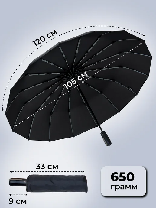 Umbrella World Зонт автомат черный антиветер складной, черный, фото 2