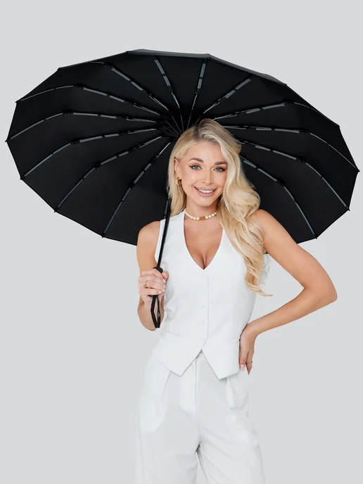 Umbrella World Зонт автомат черный антиветер складной, черный, фото 7