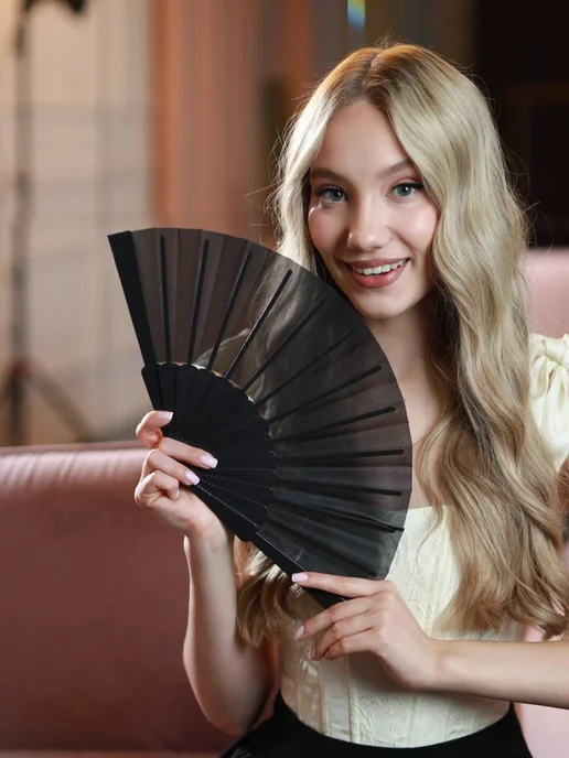 asiaveershop Веер тканевый полупрозрачный черный, черный, фото 3