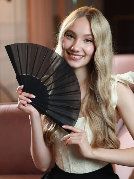 asiaveershop Веер тканевый полупрозрачный черный, черный, фото 8