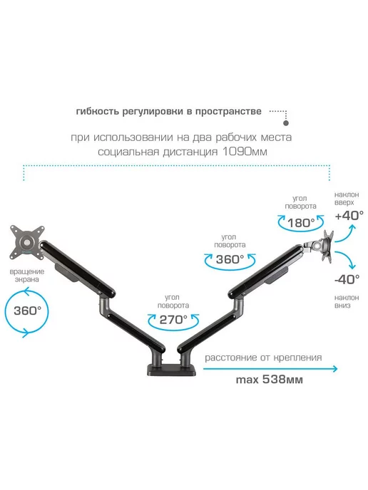 TUAREX Кронштейн настольный для 2-х LED LCD мониторов, вариант, фото 7