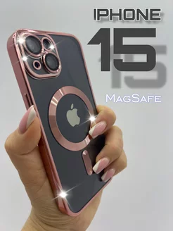 Чехол на iPhone 15 прозрачный розовый magsafe