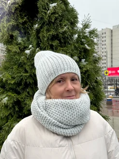 Шапка шарф зимняя вязаная на флисе со снудом
