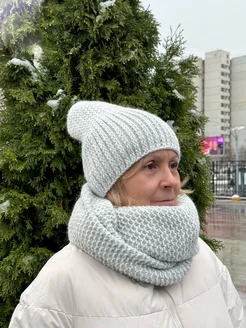 Шапка шарф зимняя вязаная на флисе со снудом