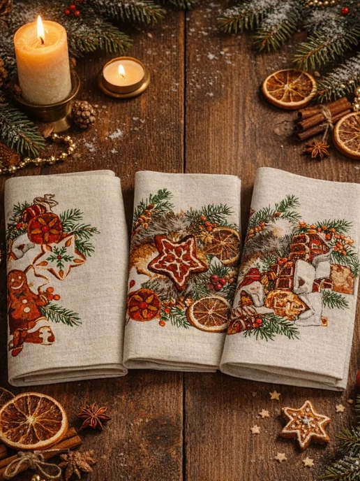 ЛьнянойTextile Полотенца кухонные набор подарочный новогодний, зеленый, фото 2