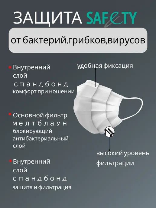 Saf&ty Маска одноразовая 50шт, 50 шт, фото 3