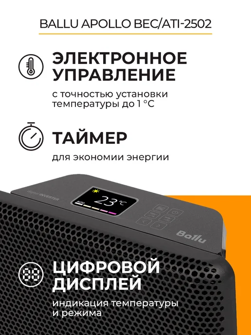 Ballu Обогреватель для дома конвектор Apollo BEC ATI-2502, черный, фото 2