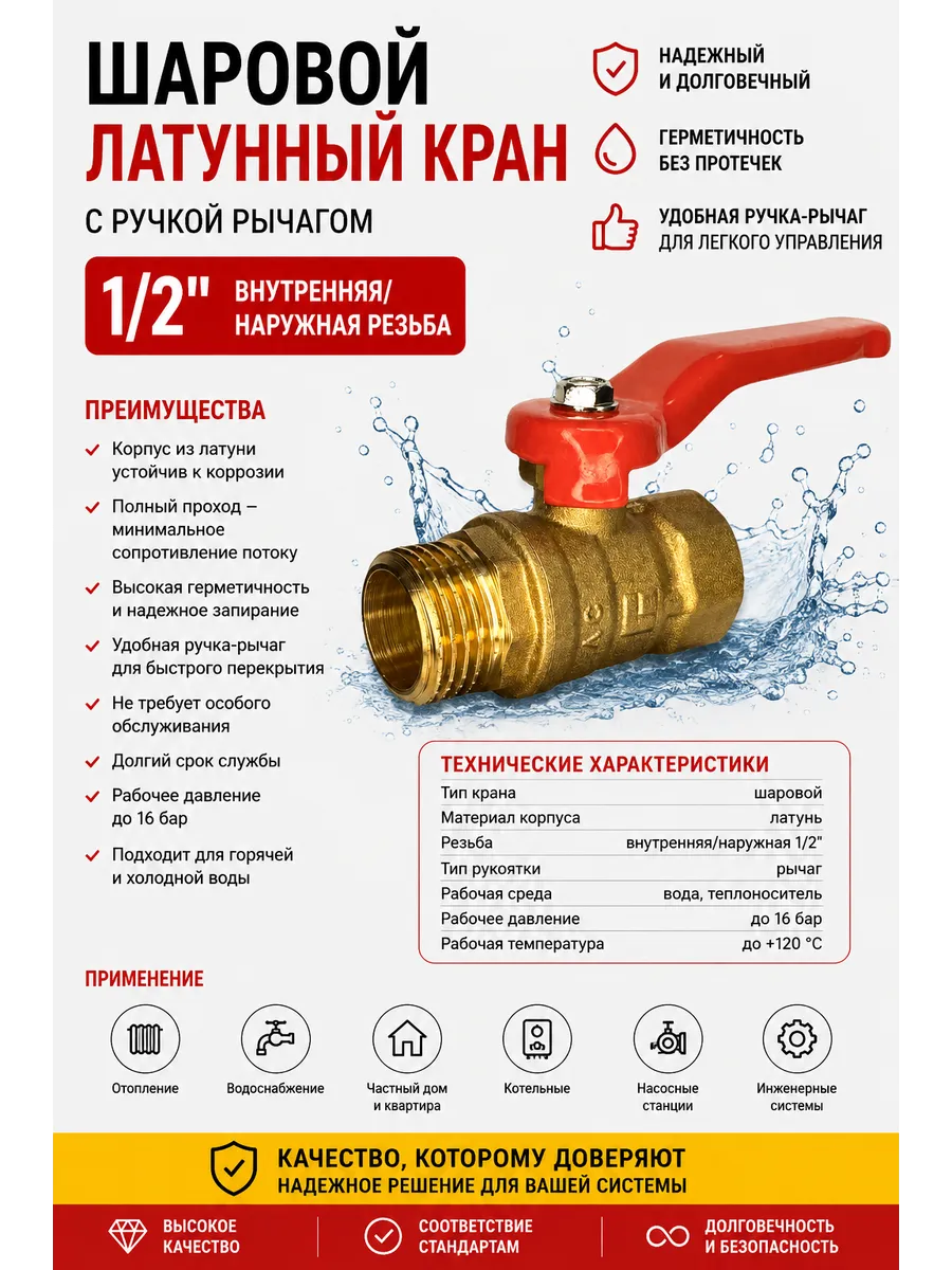 Кран шаровой латунный для воды 1/2 (Ду 15) г/ш ручка