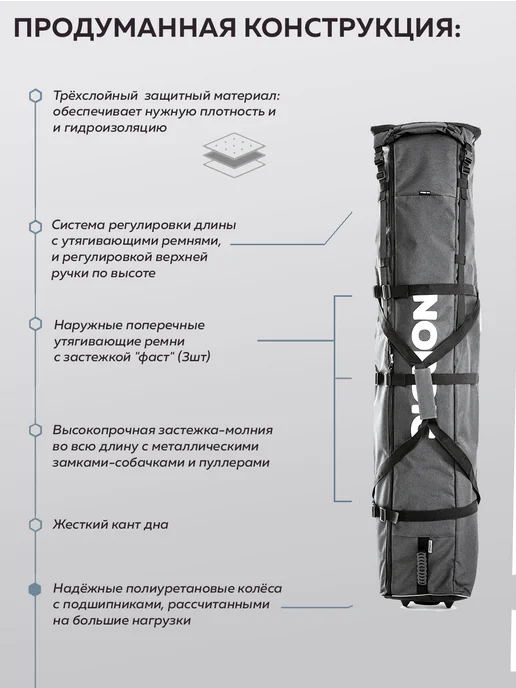 Nordic Pac Чехол для сноуборда на колёсах 150-180 см, серый, фото 4