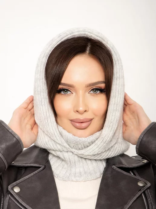 M FARSHAMA Капор женский зимний вязаный шапка капюшон, серый, фото 2