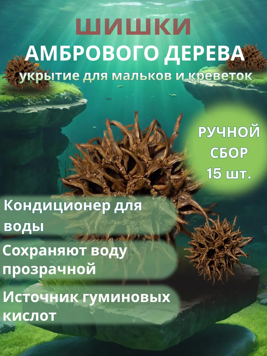 Шишки амбрового дерева для аквариума, 15 штук