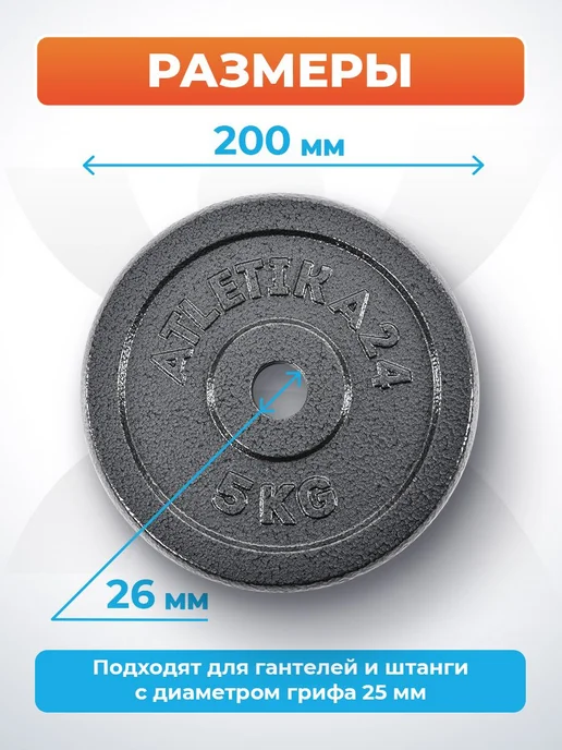 Atletika24 Блины для гантели и штанги чугунные 2,5 кг, 4 штуки, 5 кг, фото 2