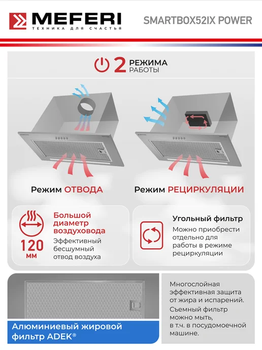 Meferi Вытяжка кухонная SMARTBOX52IX POWER на 52 см встраиваемая, серый, фото 4