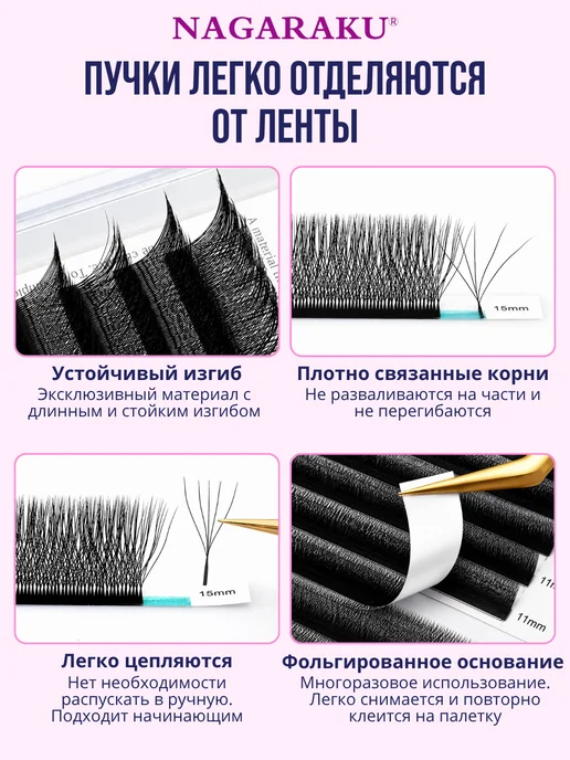 Nagaraku Микс 0.07D 7-15 мм ресницы для наращивания Нагараку, Готовые пучки 5D 14мм, фото 2