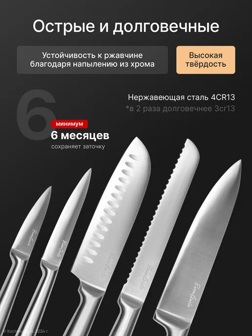 BuonGusto Кухонные ножи цельнолитые набор, серый, фото 2