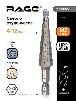 Сверло ступенчатое Р6М5 шестигранный хвостовик 4-12 мм