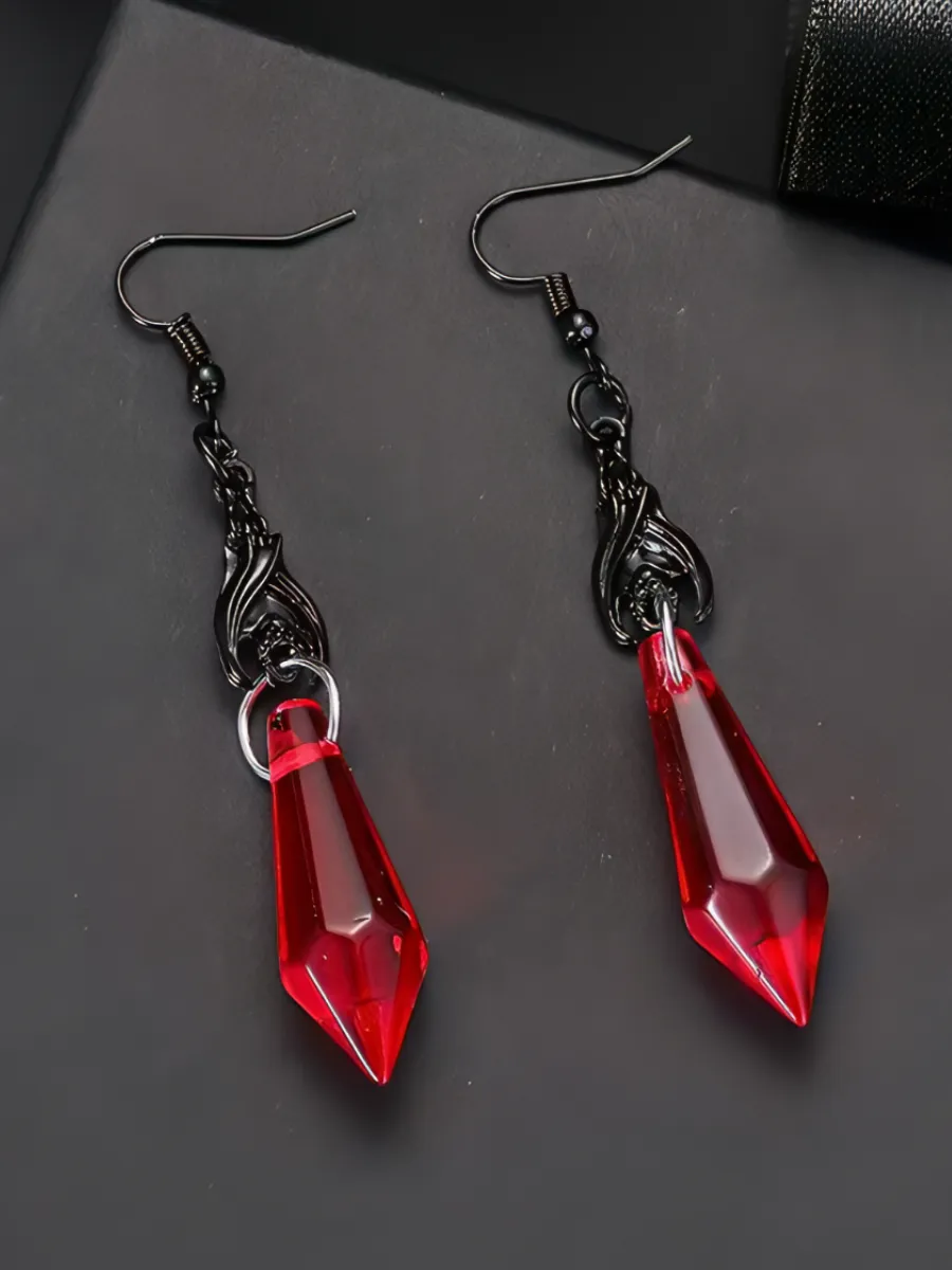 Серьги длинные готические красные с кристаллом