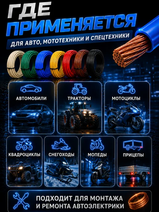 Nanosounds Провод автомобильный пгва 0.5 мм² набор 7 шт по 10 метров, 7 шт, фото 5