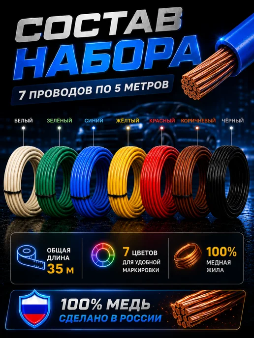 Nanosounds Провод автомобильный пгва 0.5 мм² набор 7 шт по 10 метров, 7 шт, фото 7