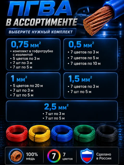 Nanosounds Провод автомобильный пгва 0.5 мм² набор 7 шт по 10 метров, 7 шт, фото 8