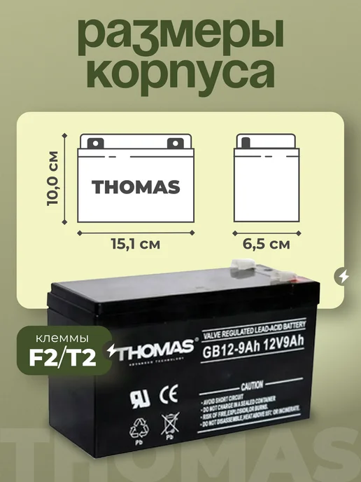 Thomas Аккумулятор для ибп 12v 9Ah F2 T2 эхолотов, детских машин, вариант, фото 3