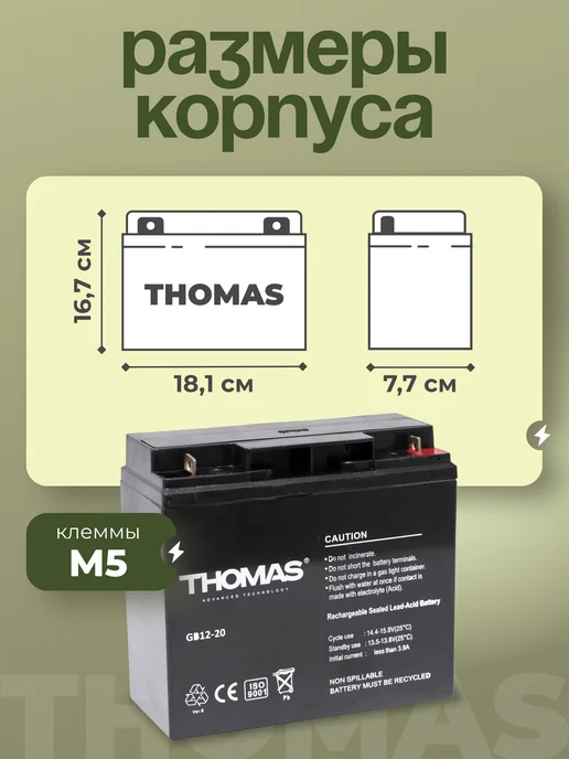 Thomas Аккумулятор 12v 20Ah M5 на эхолот, инкубатор, электромобиль, вариант, фото 3