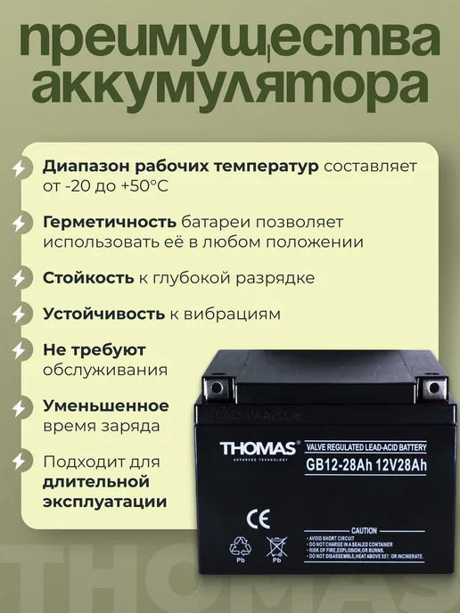 Thomas Аккумулятор ибп 12v 28 Ah M5 AGM на охранную систему, эхолот, вариант, фото 4