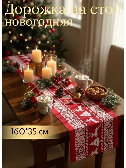 Mari Ordi Красная дорожка на стол новогодняя с оленями 35Х160 см, 35x160 см, фото 2