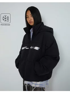 Чёрная утеплённая куртка oversize с нашивкой